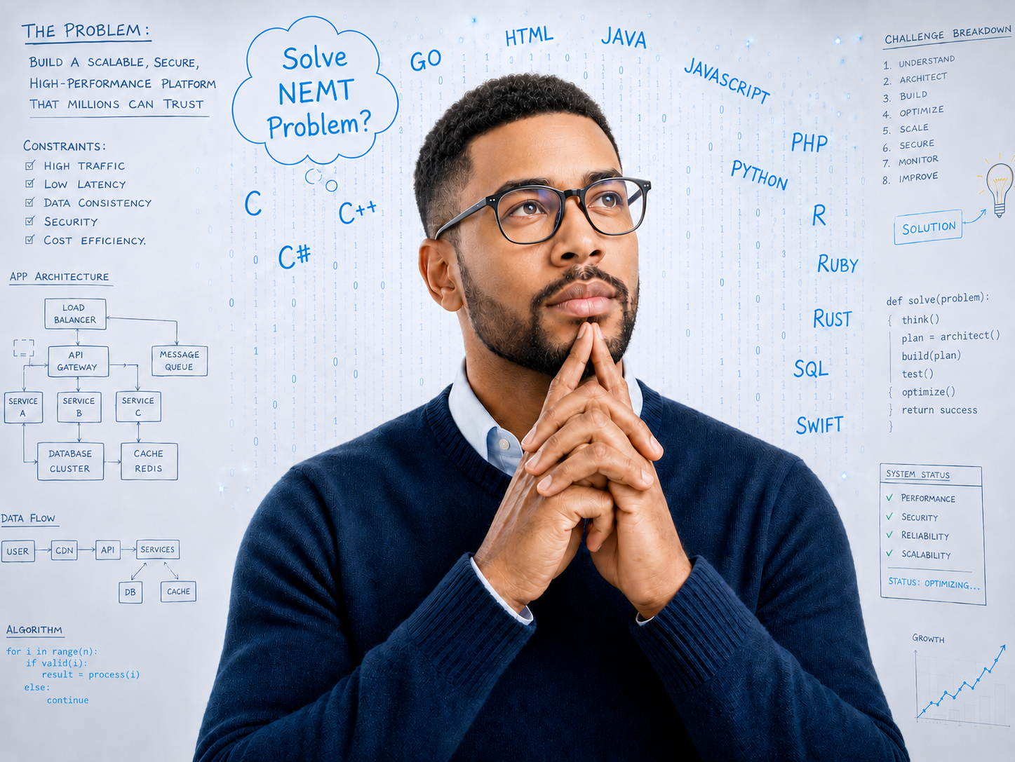 Professional software concept image with a thoughtful man and digital problem-solving visuals.