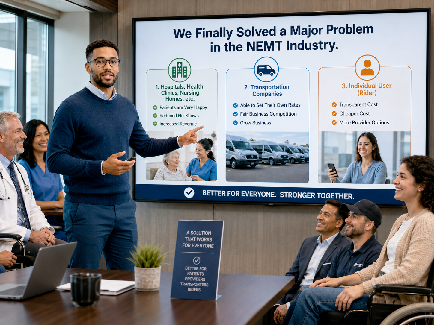 Professional team meeting showing a major NEMT industry problem being solved for hospitals, transportation companies, and riders.