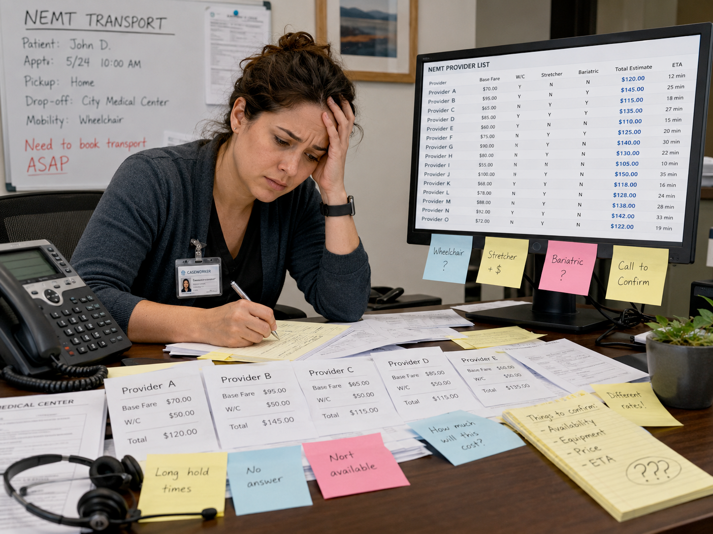 Caseworker manually comparing multiple NEMT provider quotes and rates