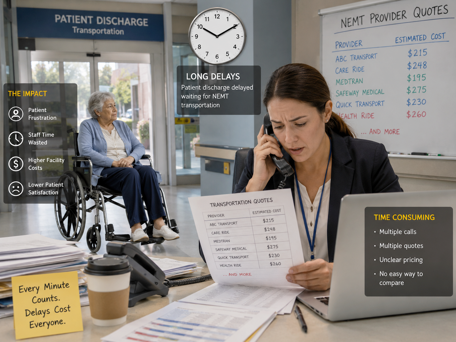 Hospital discharge staff dealing with NEMT delays and multiple transportation quotes