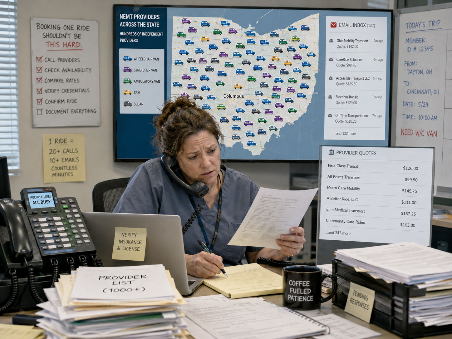Caseworker reviewing statewide NEMT providers, quotes, and availability