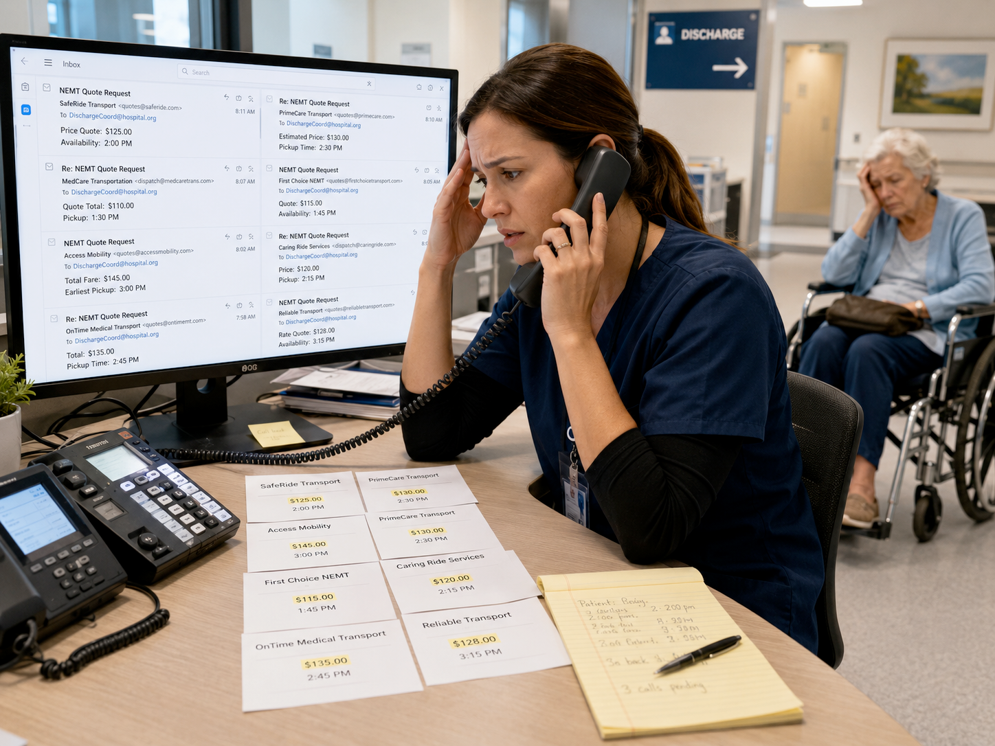 Discharge coordinator comparing NEMT quote request emails while a patient waits