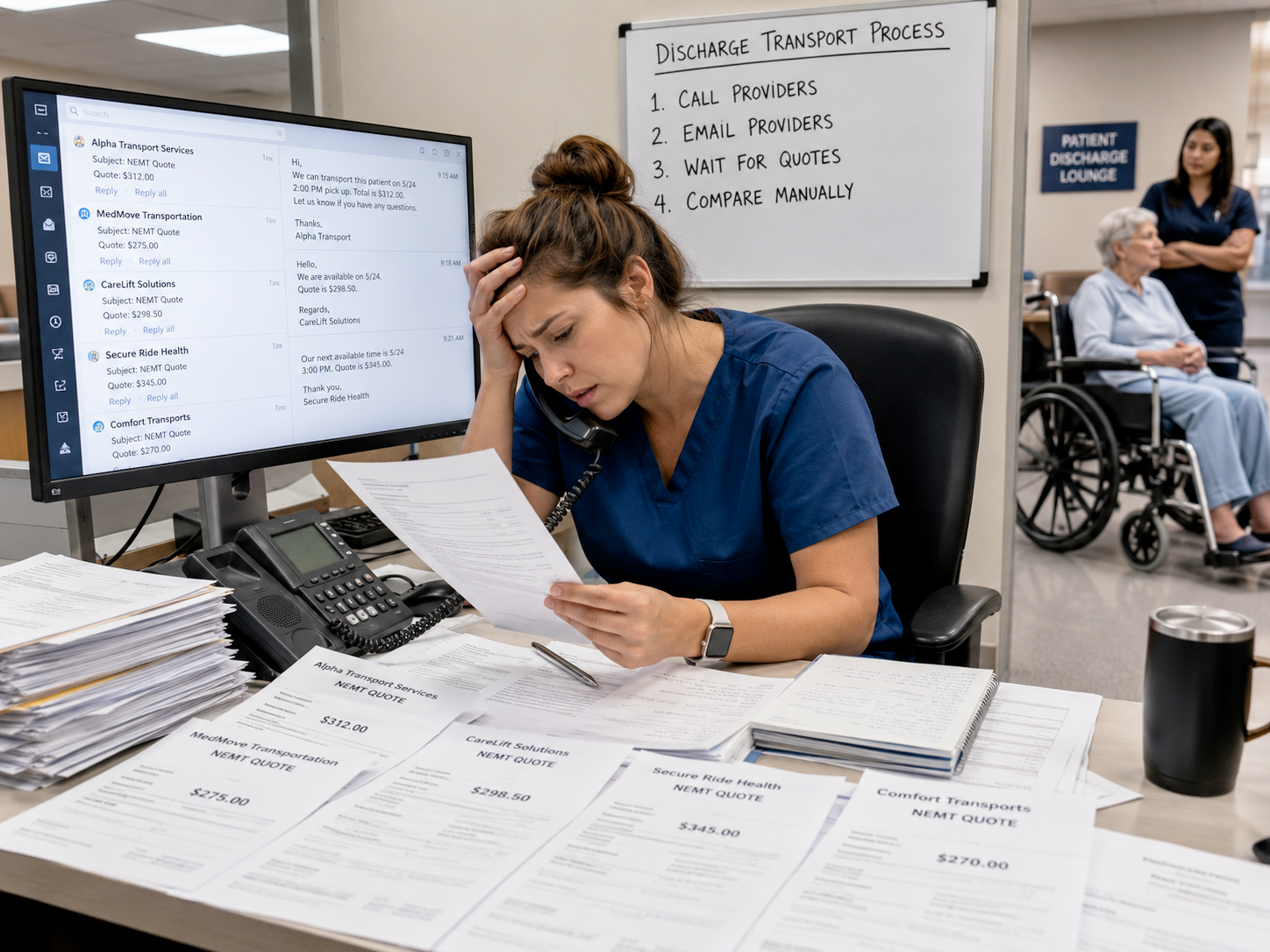 Staff member manually reviewing printed NEMT quotes and provider responses