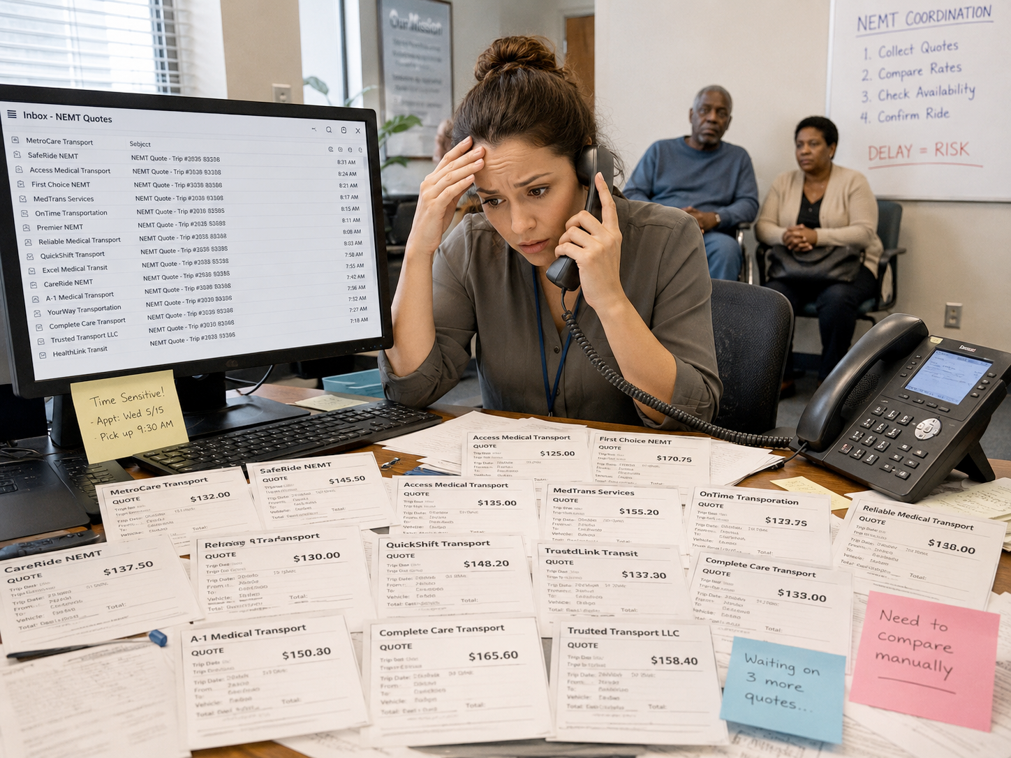NEMT coordinator collecting and comparing many provider quotes by phone and email