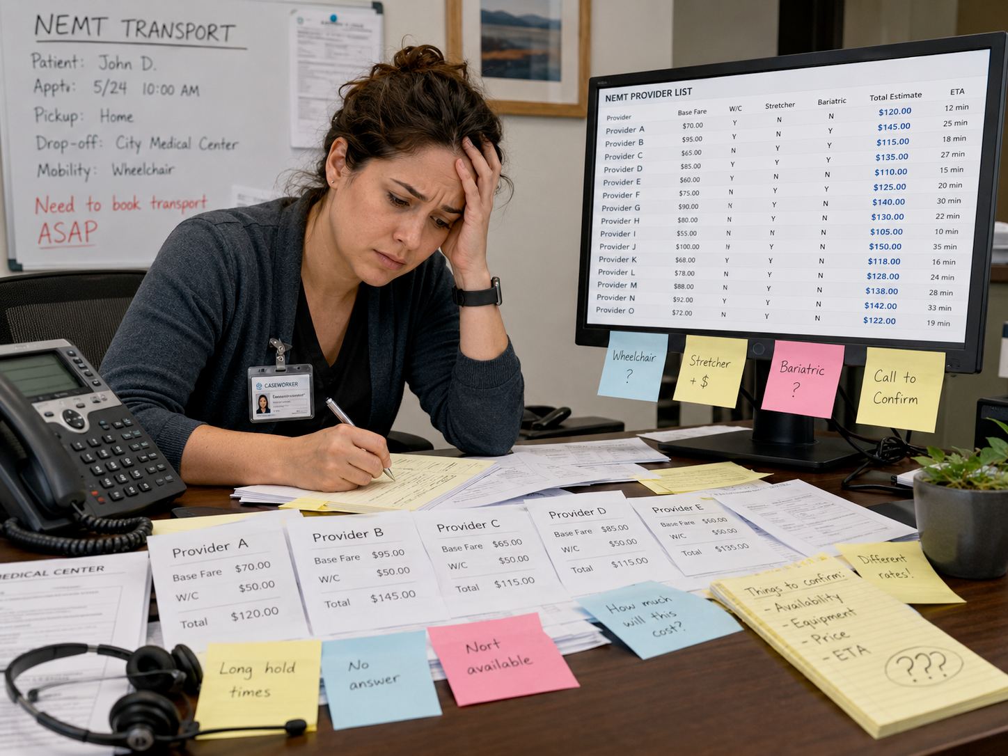 Caseworker manually comparing multiple NEMT provider quotes and rates