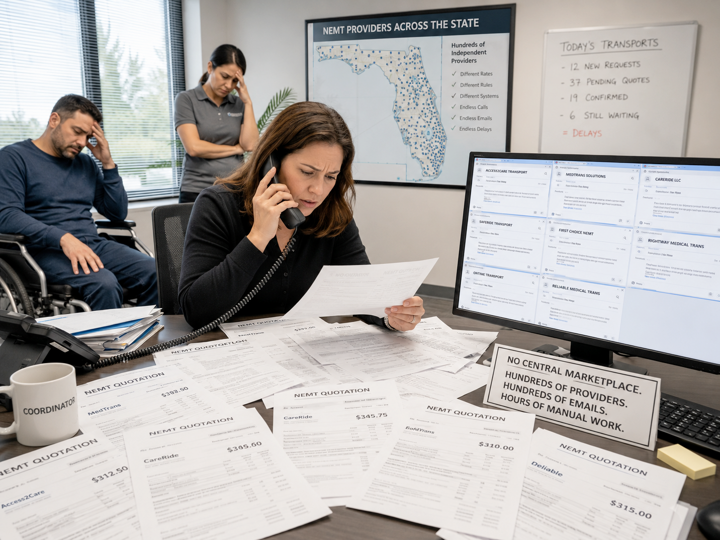 Office staff manually coordinating NEMT transportation without a central marketplace