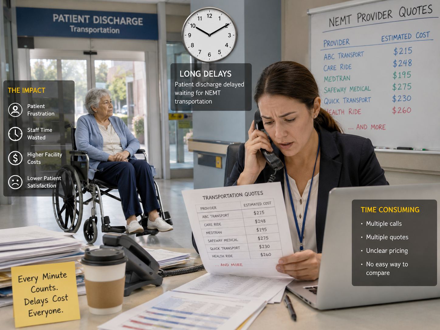 Hospital discharge staff dealing with NEMT delays and multiple transportation quotes