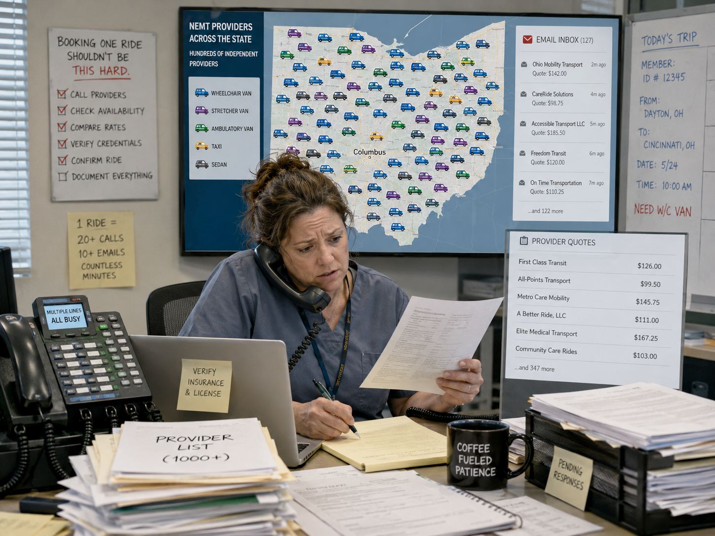 Caseworker reviewing statewide NEMT providers, quotes, and availability