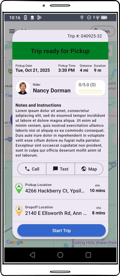 Mobile screenshot showing trip ready for pickup