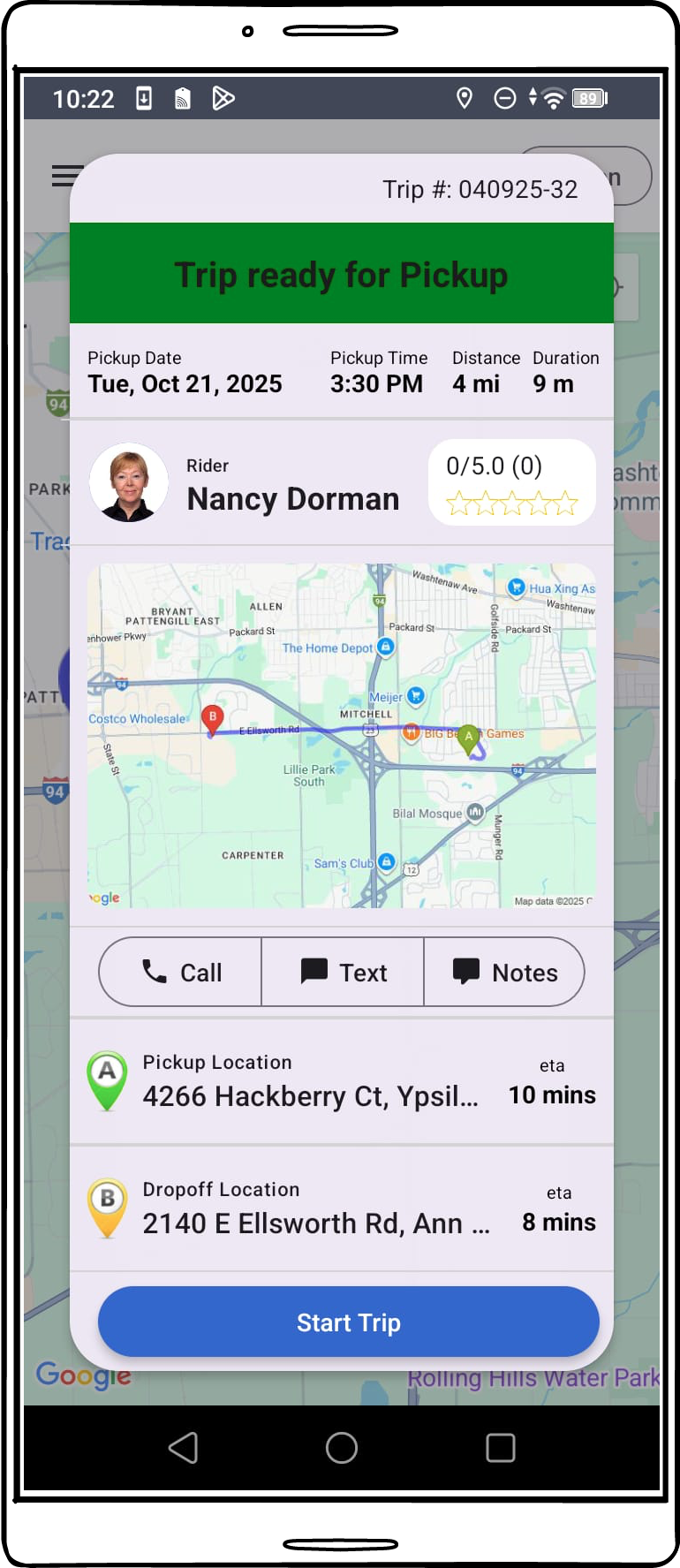 Mobile screenshot showing trip ready for pickup with route map