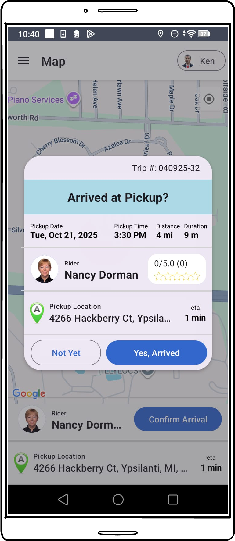 Mobile screenshot asking driver to confirm arrival at pickup