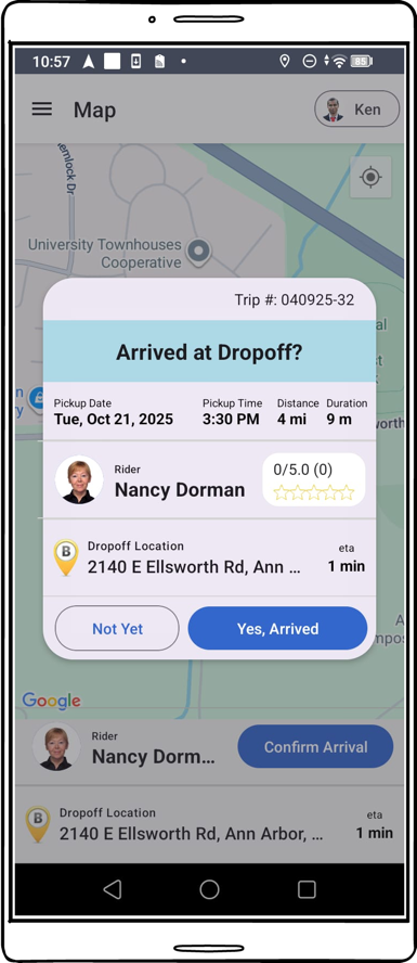 Mobile screenshot asking driver to confirm arrival at dropoff