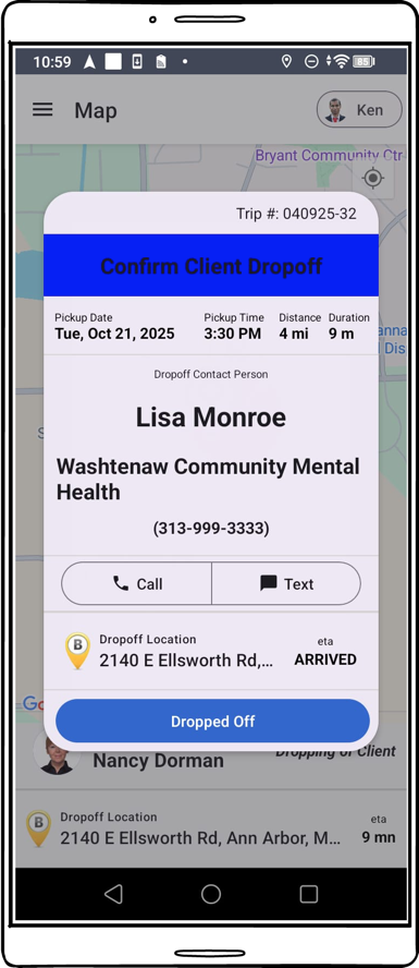 Mobile screenshot for confirming client dropoff