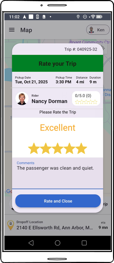Mobile screenshot for rating the trip