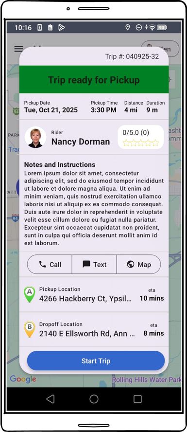 Mobile screenshot showing trip ready for pickup