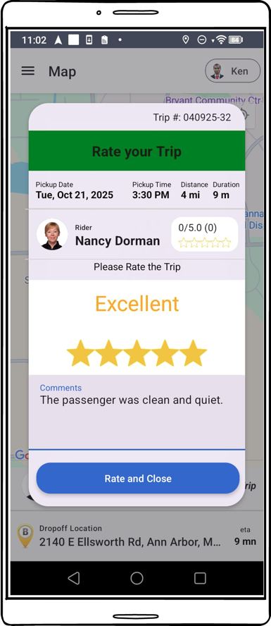 Mobile screenshot for rating the trip