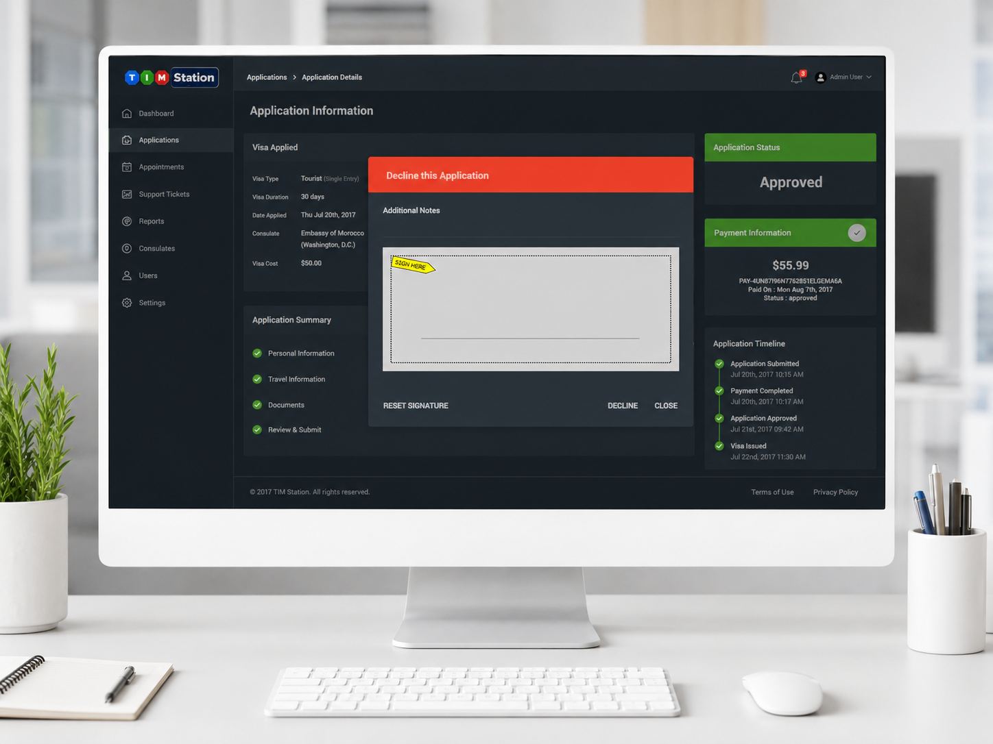 Decline Application screenshot for the eVisa and Immigration Platform