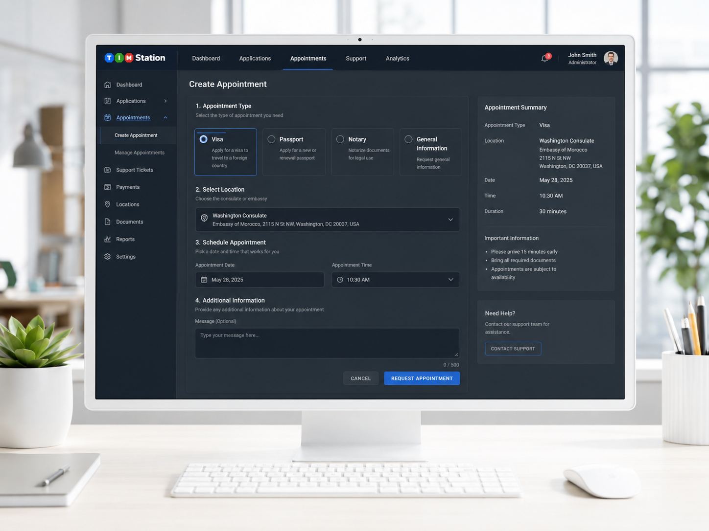 Create Appointment screenshot for the eVisa and Immigration Platform