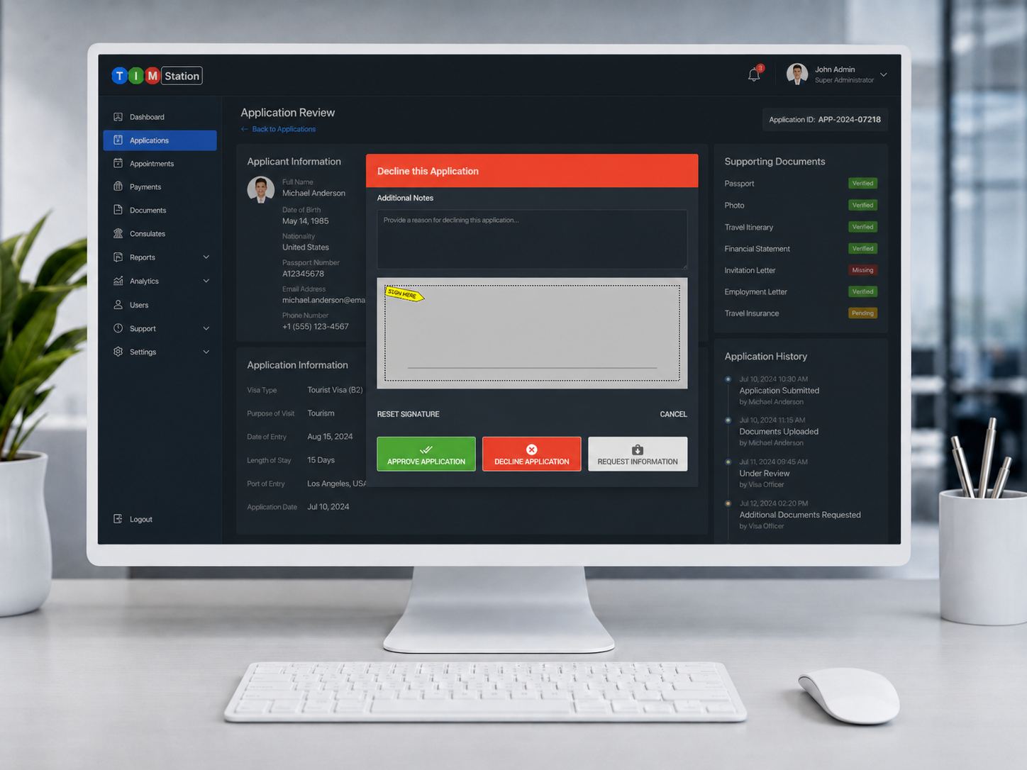 Officer Decline Review screenshot for the eVisa and Immigration Platform